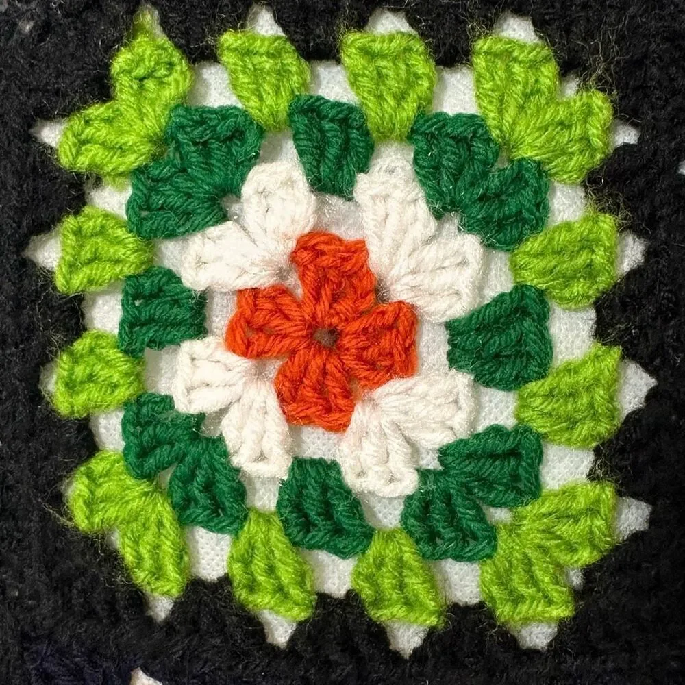 Pillow Crocheted Granny Square Colorful Decoration Black 14”x14”
